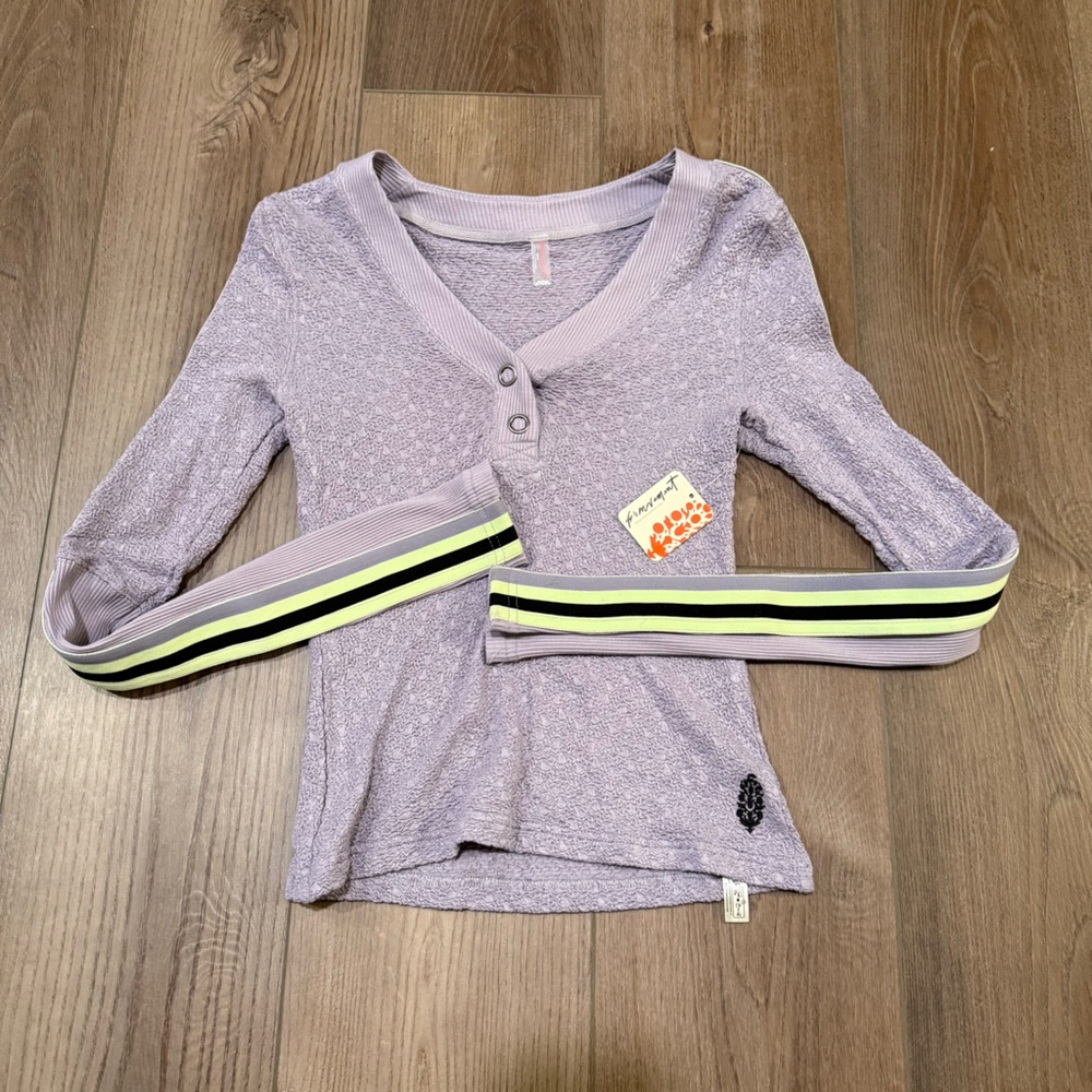 FP Movement by Free People Lavender Henley with Striped Sleeve Detail